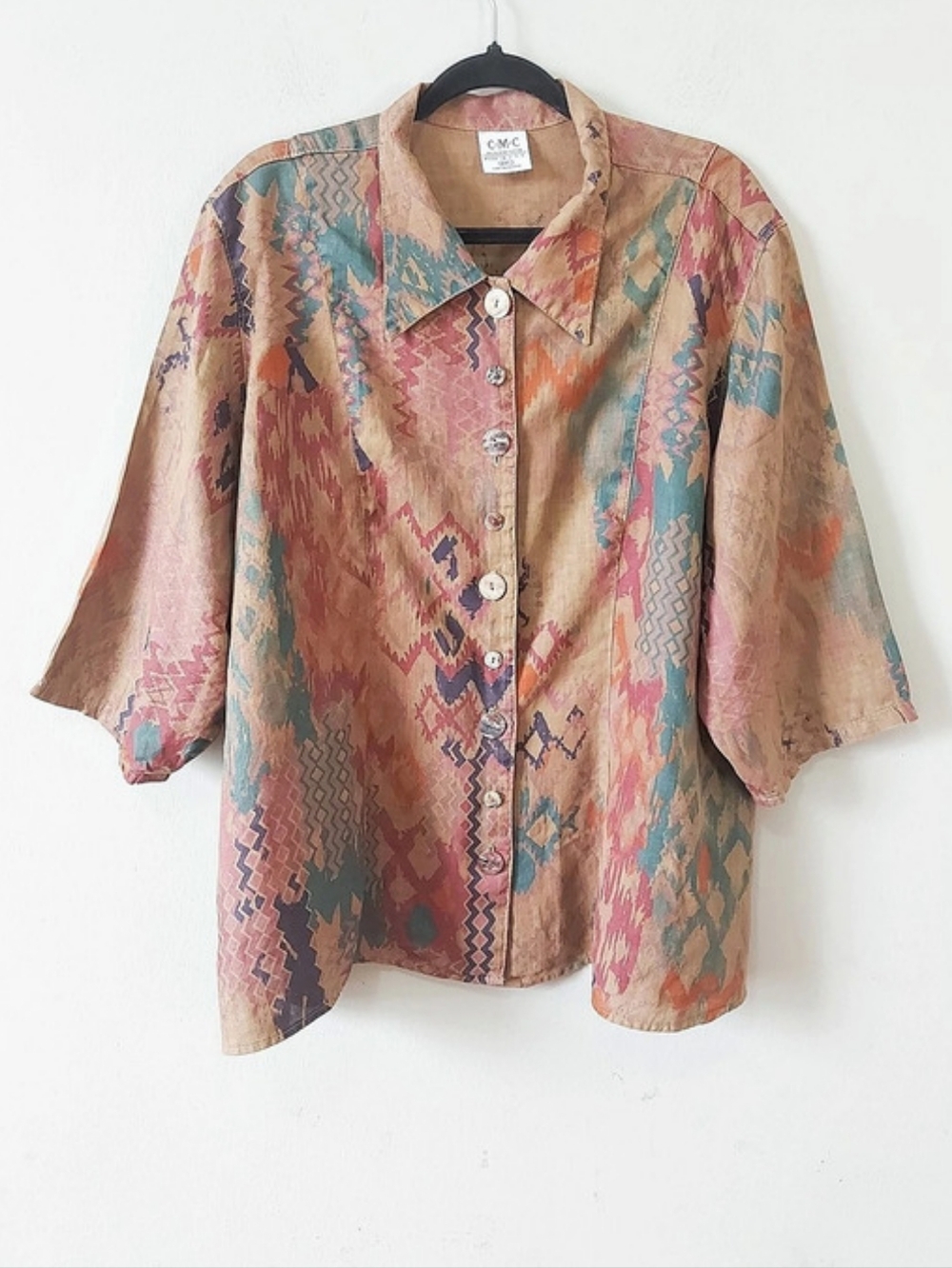 CMC Color Me Cotton Women Geometric Linen Button Down Shirt XXL Boho Lagenlook